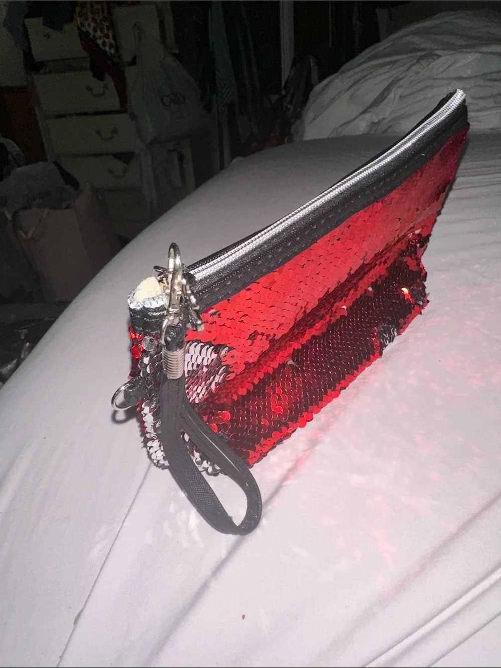 Amazon Red and Silver Sequin Wristlet Pouch flower silver charm like new cute